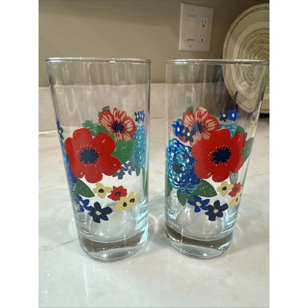 TWO Pioneer Woman Dazzling Dahlias Floral 16 oz Glasses Discontinued